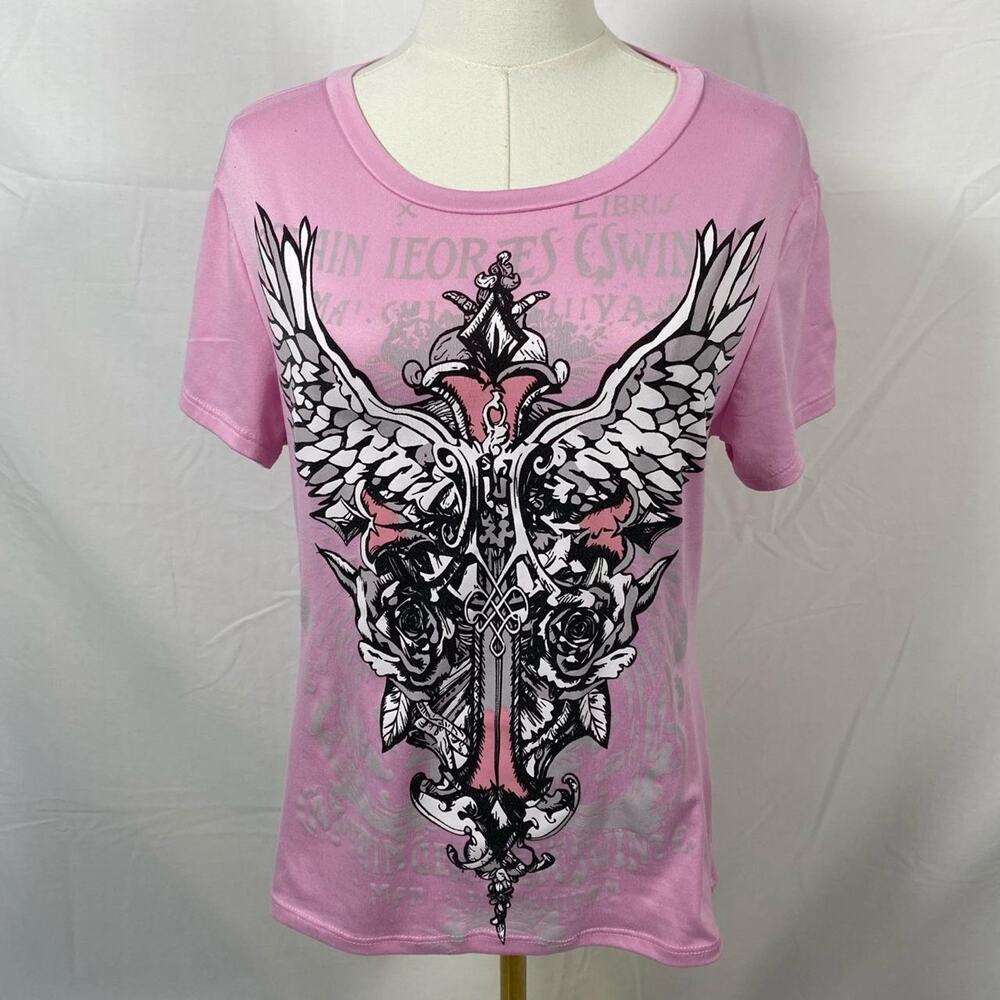 Wild Love pink winged cross t shirt size large y2k grunge preppy emo - Picture 1 of 5